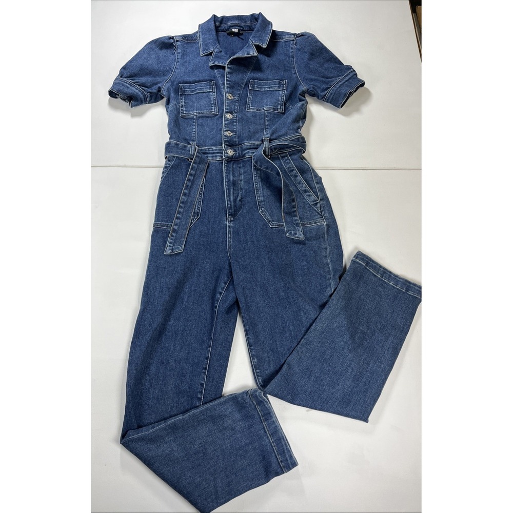 PAIGE Mayslie Short Sleeve Utility Jumpsuit Denim Collar Pockets Blue Size 4
